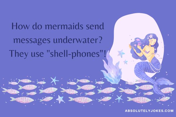 mermaid Puns and jokes text overlay on purple background with mermaid image
