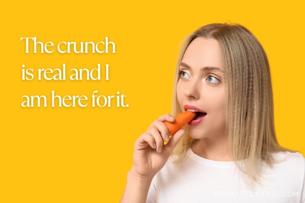 woman biting on a carrot with caption overlay