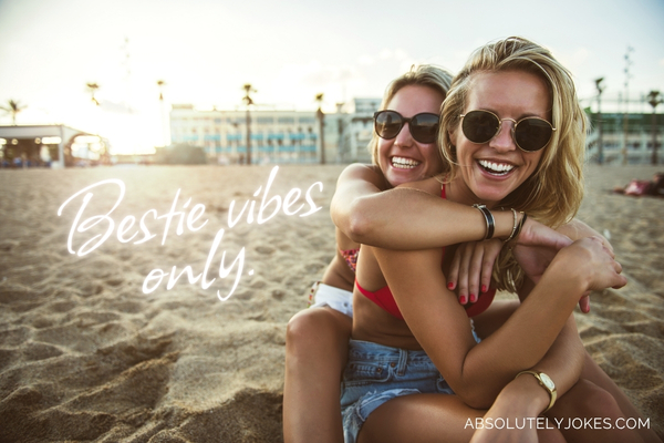 a girl hugging her best friend at the beach with caption overlay