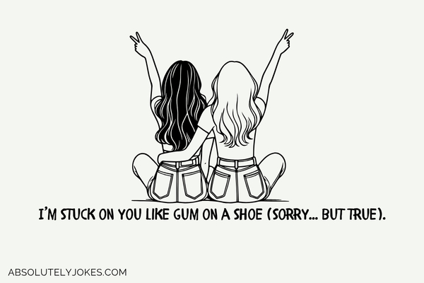 sketch drawing of 2 female friends sitting beside each other, with pun overlay