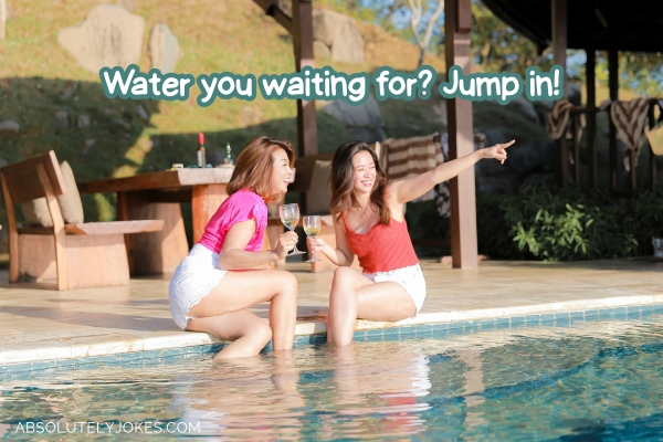 2 women having drinks by the poolside with pun overlay