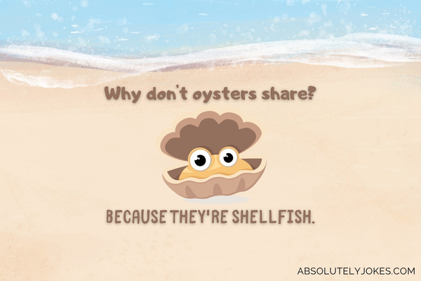 cute oyster cartoon on beach background graphics with joke overlay