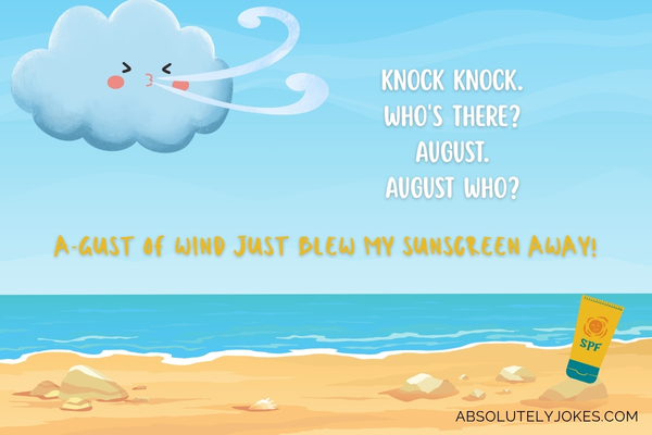 Beach graphics background, illustration of a cloud blowing, sunscreen on sand, with joke overlay