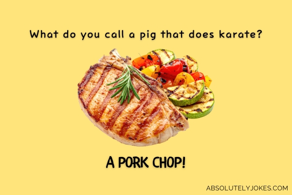 grilled pork chop with salad, with joke overlay