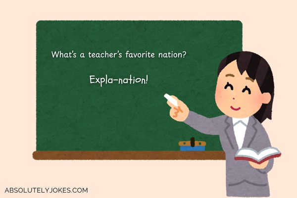 Illustration of a teacher by the blackboard, with joke written on the blackboard