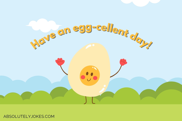 egg cartoon on garden landscape background, with one-liner overlay