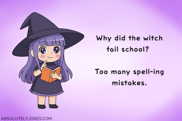 cartoon witch girl holding a book with joke overlay