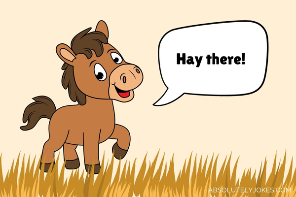 horse cartoon on grass with pun on speech bubble