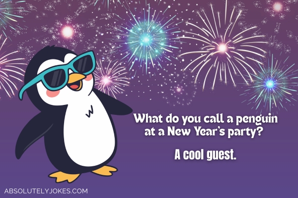 cute penguin cartoon, fireworks background, with joke overlay