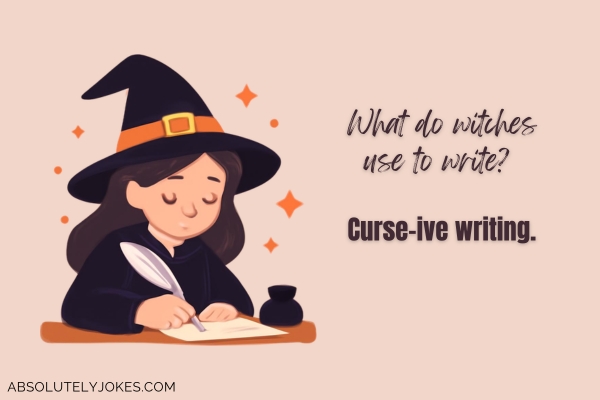 graphics of a witch writing with joke overlay