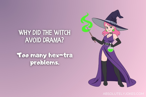 cartoon witch with potion and magic wand with joke overlay